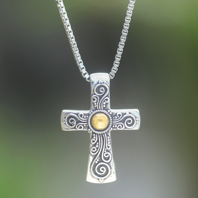 Collar colgante con detalles dorados - Collar con colgante de cruz con motivo de plata de ley con detalles dorados