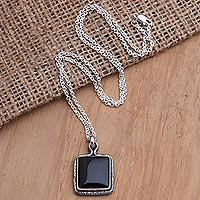 Onyx pendant necklace, 'Square Shadow' - Handmade Sterling Silver and Onyx Pendant Necklace