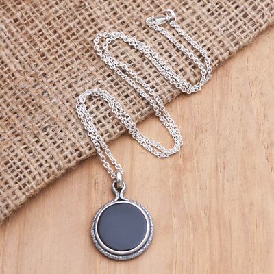 Fine silver open circle pendant necklace with blue onyx stone gift for women handcrafted modern design silver pendant