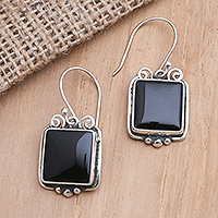 Onyx dangle earrings, 'Your Shadow' - Hand Made Sterling Silver and Onyx Dangle Earrings