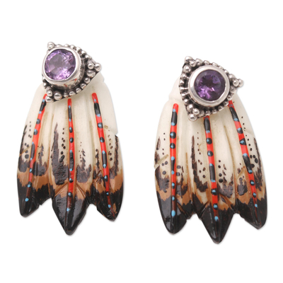 Amethyst drop earrings, 'Magic Feather' - Amethyst and Sterling Silver Drop Earrings