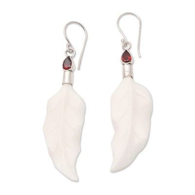 Garnet dangle earrings, 'Pale Leaves' - Sterling Silver and Garnet Leaf-Motif Earrings