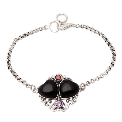 Amethyst and garnet pendant bracelet, 'Double Date' - Balinese Amethyst and Garnet Pendant Bracelet
