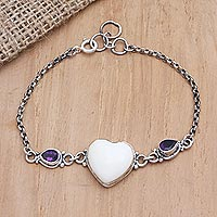 Amethyst pendant bracelet, 'Blossoming Affection' - Amethyst Heart-Motif Pendant Bracelet