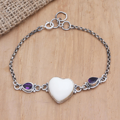 Amethyst pendant bracelet, 'Blossoming Affection' - Amethyst Heart-Motif Pendant Bracelet