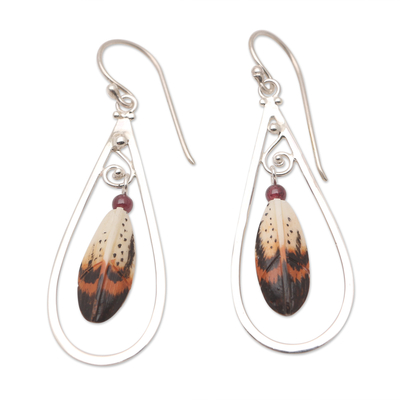 Garnet dangle earrings, 'Feather in Your Cap' - Sterling Silver and Garnet Dangle Earrings