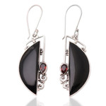 Garnet dangle earrings, 'Mysterious Love' - Garnet and Sterling Silver Crescent Dangle Earrings