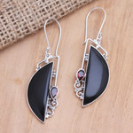 Garnet dangle earrings, 'Mysterious Love' - Garnet and Sterling Silver Crescent Dangle Earrings