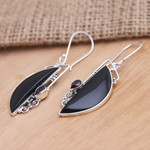 Garnet dangle earrings, 'Mysterious Love' - Garnet and Sterling Silver Crescent Dangle Earrings