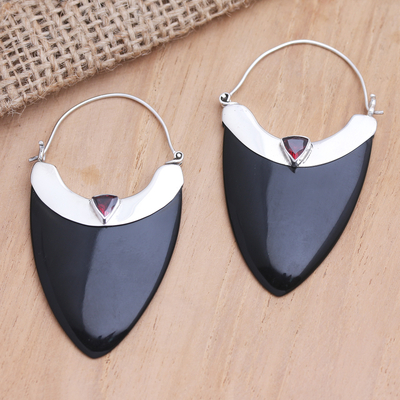Garnet drop earrings, 'Sleek Black Curves' - Balinese Garnet and Black Horn Sterling Silver Drop Earrings