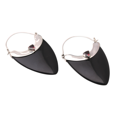 Garnet drop earrings, 'Sleek Black Curves' - Balinese Garnet and Black Horn Sterling Silver Drop Earrings
