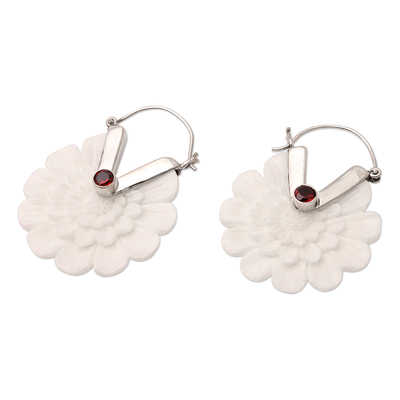 Garnet hoop earrings, 'Soft Curves' - Garnet and Sterling Silver Floral Hoop Earrings