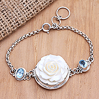 Blue topaz pendant bracelet, 'Winter Rose' - Blue Topaz Rose-Motif Pendant Bracelet