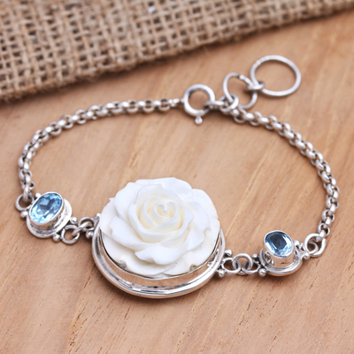 Blue topaz pendant bracelet, 'Winter Rose' - Blue Topaz Rose-Motif Pendant Bracelet