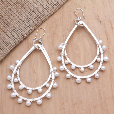 Cultured pearl dangle earrings, 'Ocean colour' - Hand Crafted Cultured Pearl Dangle Earrings