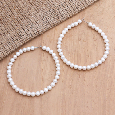 Cultured pearl hoop earring, 'Soft Halo' - Sterling Silver and Cultured Pearl Hoop Earrings
