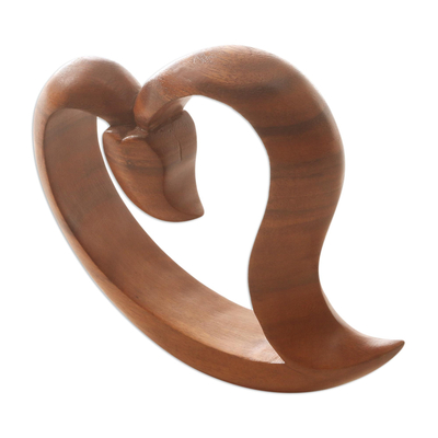 Wood statuette, 'Loving Me' - Hand Carved Suar Wood Heart-Motif Statuette