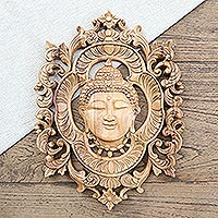 Wood relief panel, 'Calm Buddha Head' - Artisan Crafted Suar Wood Buddha-Motif Relief Panel