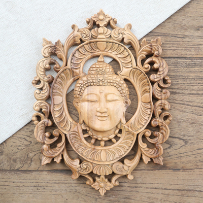 Panel en relieve de madera - Panel en relieve con motivo de Buda de madera de suar elaborado artesanalmente