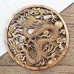 Hand Carved Suar Wood Dragon-Motif Relief Panel, 'Basuki Dragon'