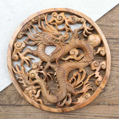 Wood relief panel, 'Basuki Dragon' - Hand Carved Suar Wood Dragon-Motif Relief Panel