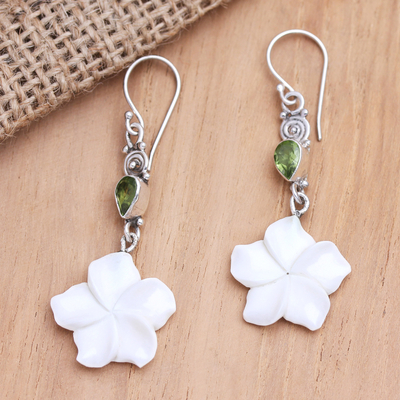 Peridot dangle earrings, 'Springtime Frangipani' - Sterling Silver and Peridot Floral Dangle Earrings