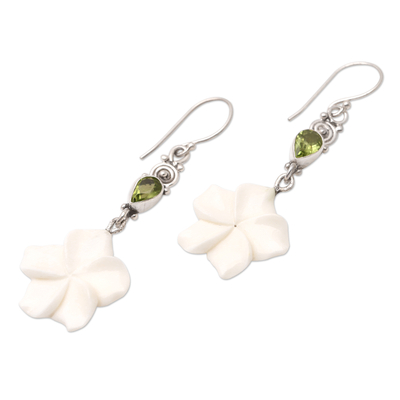 Peridot dangle earrings, 'Springtime Frangipani' - Sterling Silver and Peridot Floral Dangle Earrings