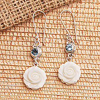 Blue topaz dangle earrings, 'Growing Roses' - Blue Topaz and Sterling Silver Floral Earrings
