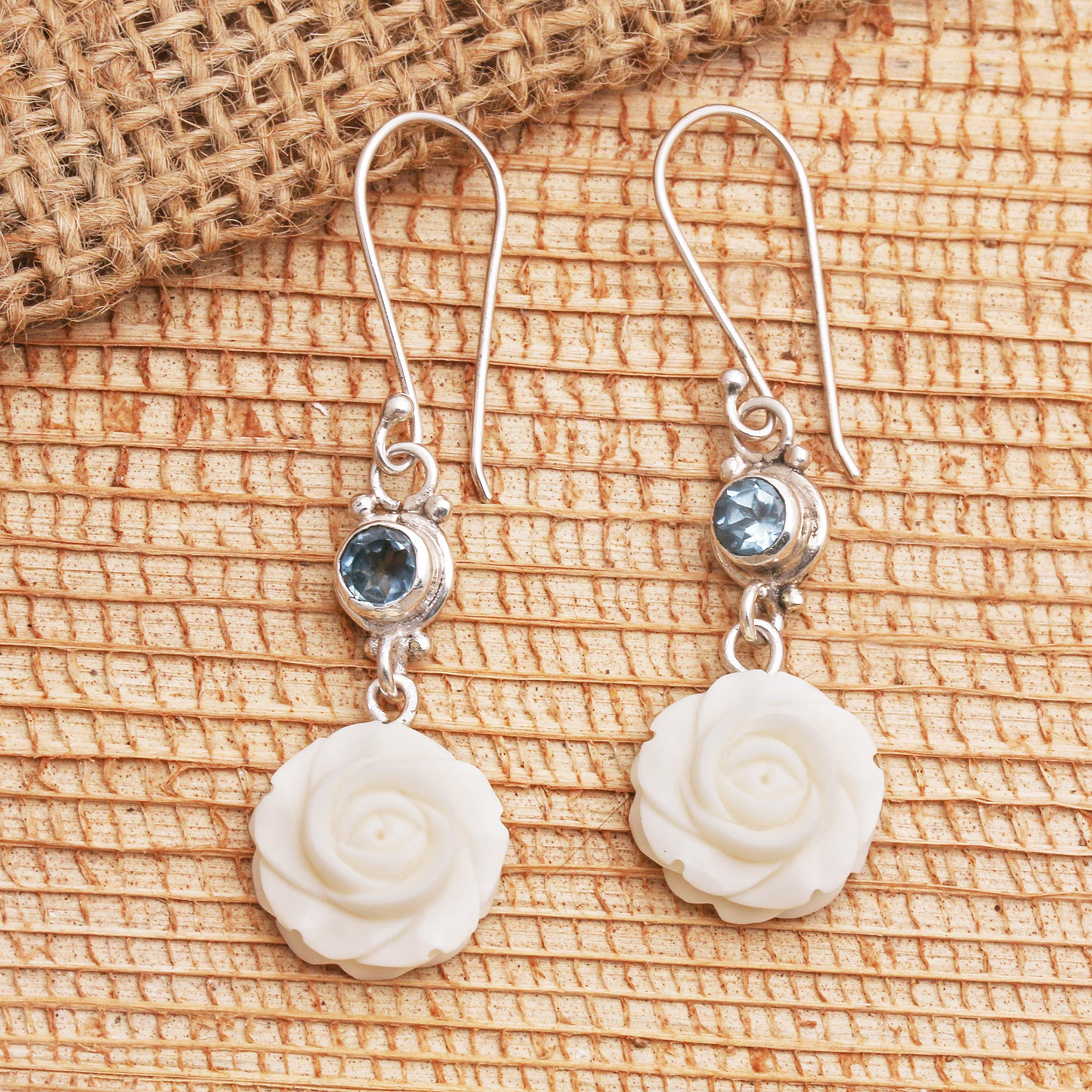 Blue Topaz and Sterling Silver Floral Earrings, 'Growing Roses'