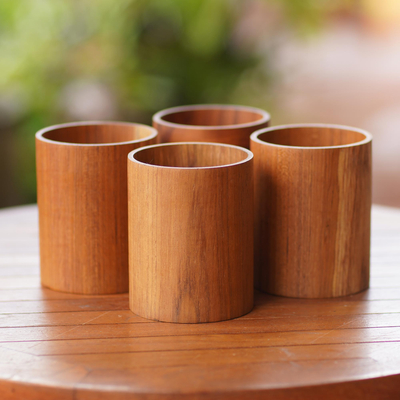 Teak wood tumblers, 'Cool Drink' (set of 4) - Hand Crafted Teak Wood Tumblers from Bali (Set of 4)