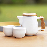 Ceramic and teak wood tea set, 'Midday Tea in White' (set for 2)