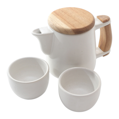 Juego de té de cerámica y madera de teca, (juego para 2) - Juego de té artesanal de cerámica y madera de teca (juego para 2)
