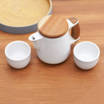 Ceramic and teak wood tea set, 'Midday Tea in White' (set for 2) - Handcrafted Ceramic and Teak Wood Tea Set (Set for 2)