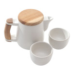 Ceramic and teak wood tea set, 'Midday Tea in White' (set for 2) - Handcrafted Ceramic and Teak Wood Tea Set (Set for 2)