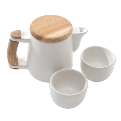 Teeservice aus Keramik und Teakholz, (Set für 2) - Handgefertigtes Teeservice aus Keramik und Teakholz (Set für 2)
