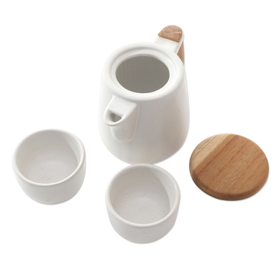 Ceramic and teak wood tea set, 'Midday Tea in White' (set for 2) - Handcrafted Ceramic and Teak Wood Tea Set (Set for 2)