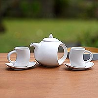 Ceramic tea set, 'Pour the Tea in White' (set for 2)