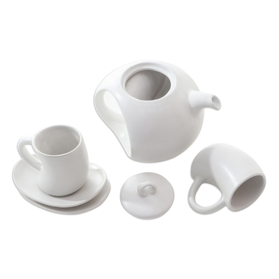 Ceramic tea set, 'Pour the Tea in White' (set for 2) - Hand Crafted White Ceramic Tea Set (Set for 2)