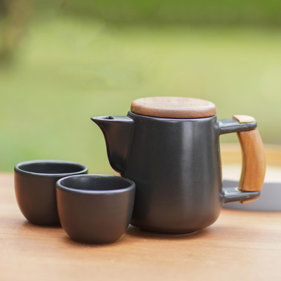 Ceramic and teak wood tea set, Midday Tea in Black (set for 2)