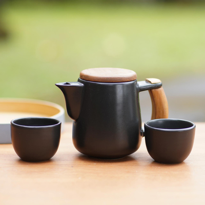 Ceramic and teak wood tea set, 'Midday Tea in Black' (set for 2) - Black Ceramic and Teak Wood Tea Set (Set for 2)