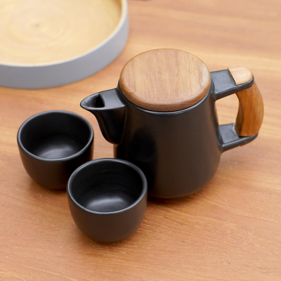 Juego de té de cerámica y madera de teca, (juego para 2) - Juego de té de cerámica negra y madera de teca (juego para 2)