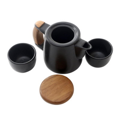 Ceramic and teak wood tea set, 'Midday Tea in Black' (set for 2) - Black Ceramic and Teak Wood Tea Set (Set for 2)