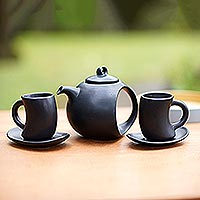 Ceramic tea set, 'Pour the Tea in Black' (set for 2) - Hand Crafted Black Ceramic Tea Set (Set for 2)