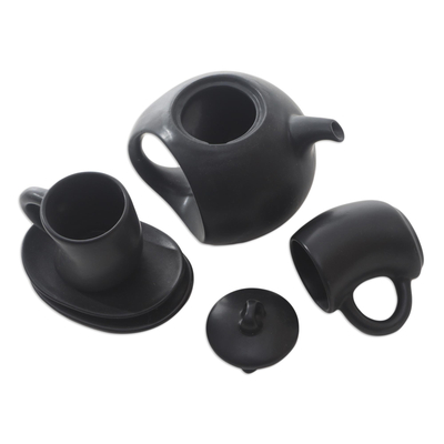 Ceramic tea set, 'Pour the Tea in Black' (set for 2) - Hand Crafted Black Ceramic Tea Set (Set for 2)