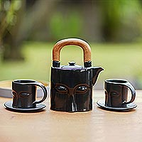 Ceramic tea set, 'Peaceful Eyes' (set for 2) - Black Ceramic and Teak Wood Tea Set (Set for 2)