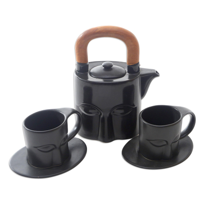 Juego de té de cerámica, (juego para 2) - Juego de té de cerámica negra y madera de teca (juego para 2)