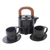 Ceramic tea set, 'Peaceful Eyes' (set for 2) - Black Ceramic and Teak Wood Tea Set (Set for 2) (image 2a) thumbail