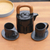 Ceramic tea set, 'Peaceful Eyes' (set for 2) - Black Ceramic and Teak Wood Tea Set (Set for 2) (image 2b) thumbail