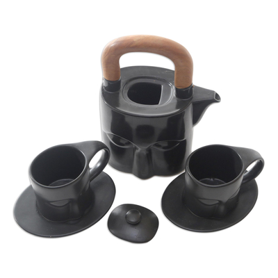 Juego de té de cerámica, (juego para 2) - Juego de té de cerámica negra y madera de teca (juego para 2)