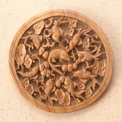 Panel en relieve de madera - Panel en relieve con motivo de pez hecho a mano en madera de suar